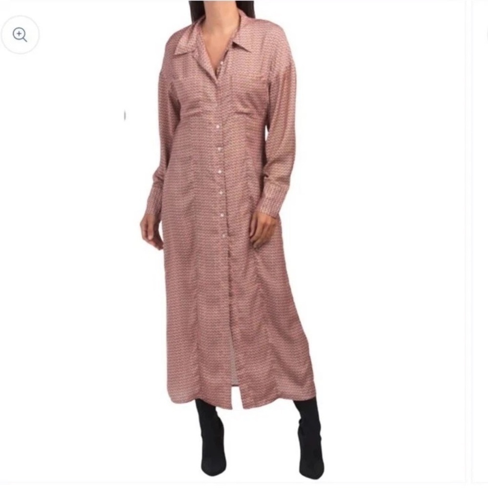 Zara Long Printed Patch Pocket Satin Effect Shirt Long Dress Size XS NWOT